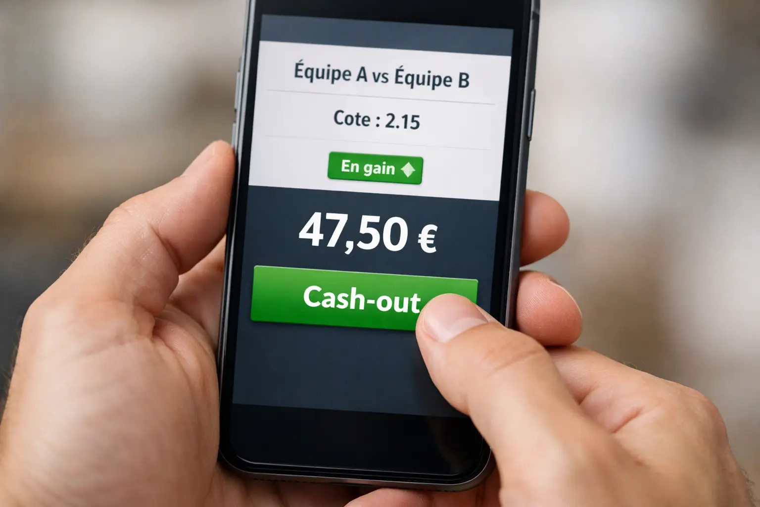 Bouton cash-out sur l'&eacute;cran d'une application de paris sportifs