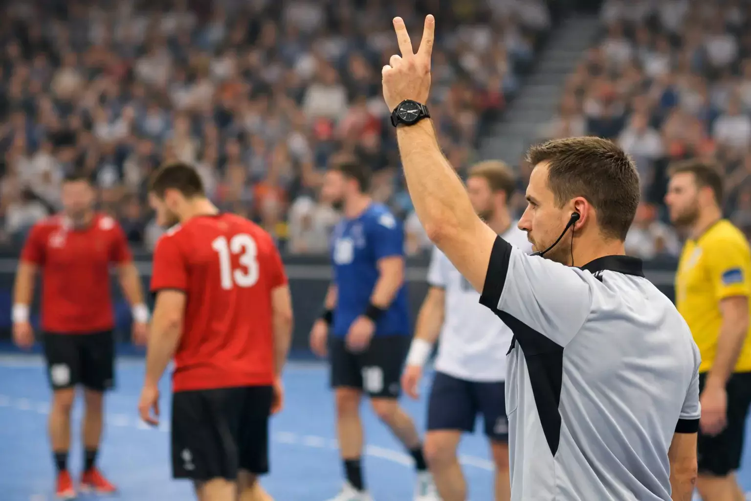 Arbitre de handball sifflant une exclusion temporaire de deux minutes lors d'un match