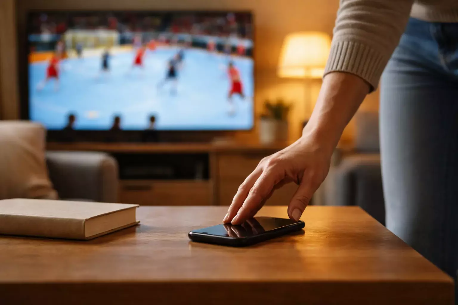 Personne posant calmement son smartphone sur une table à côté d'un match de handball à la télévision