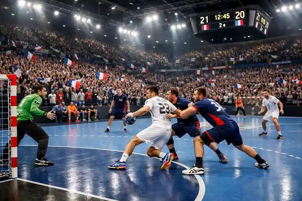 Match de Starligue dans une salle de handball française avec des spectateurs enthousiastes en tribunes