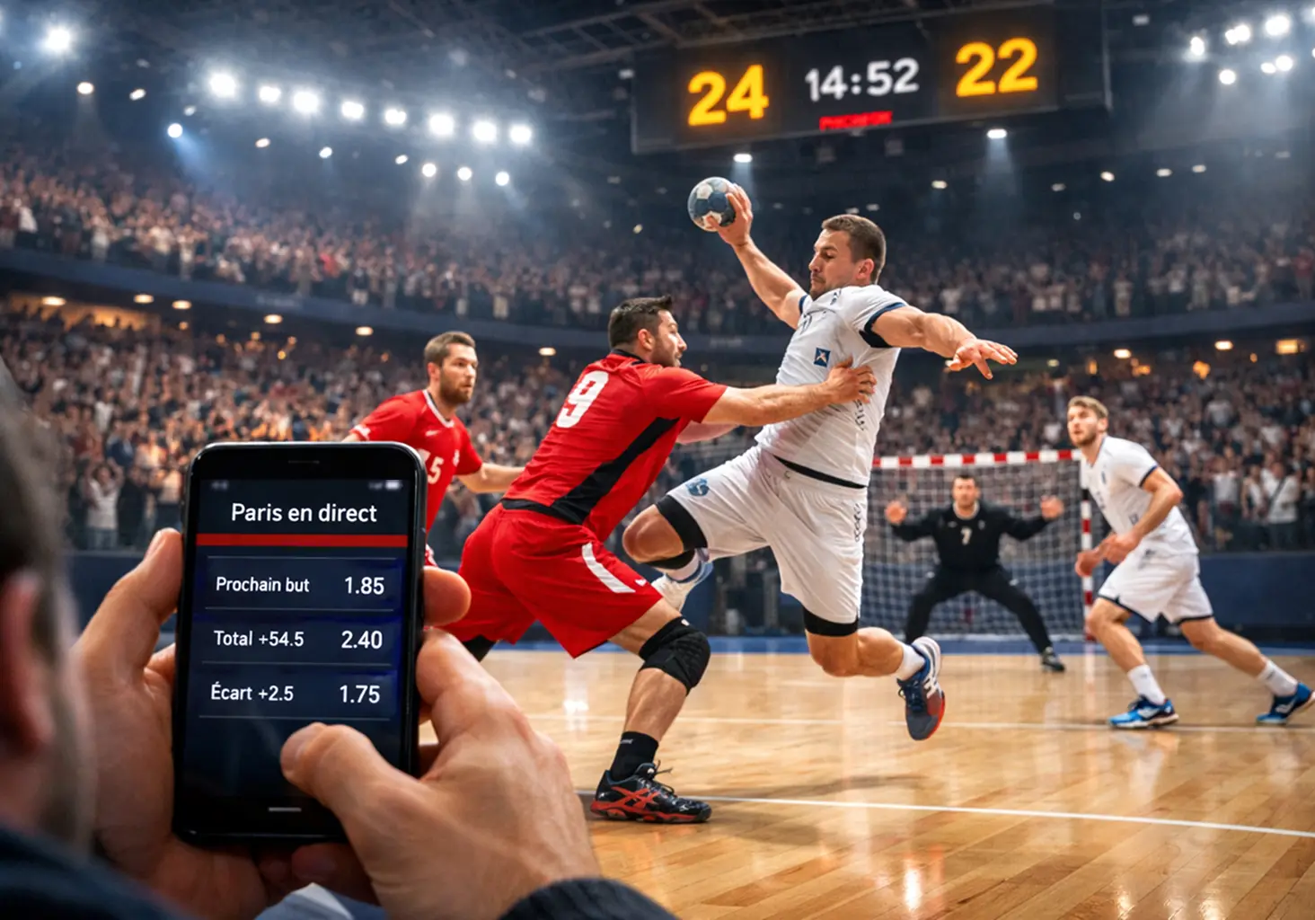 Match de handball en direct avec spectateurs et écrans de scores