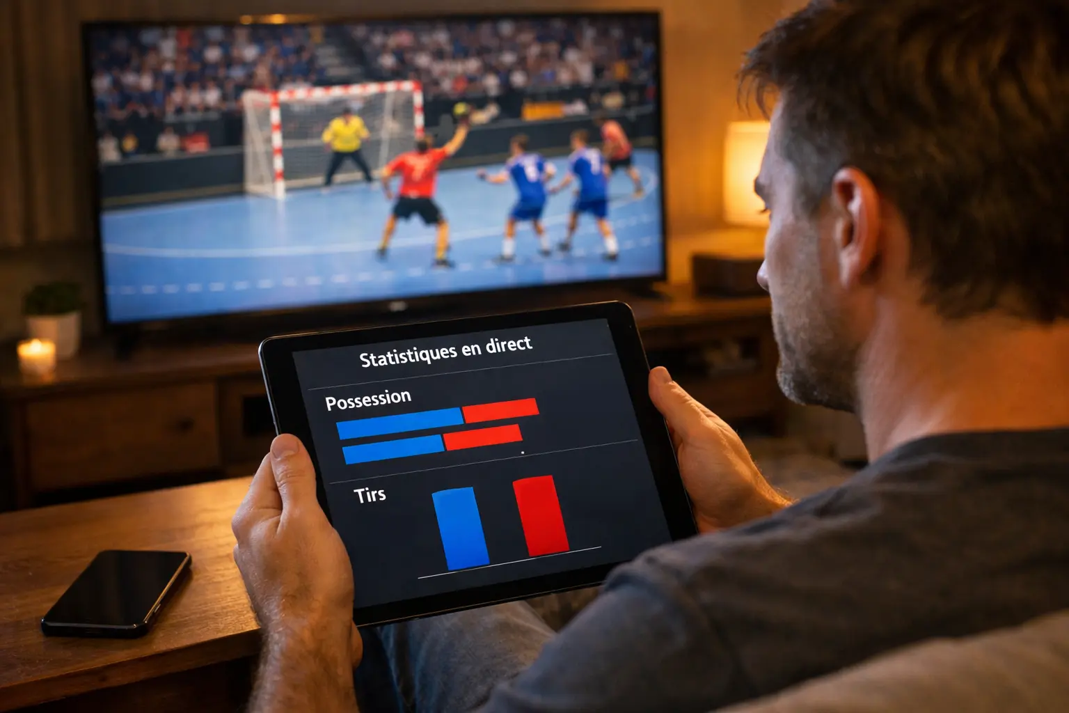 Parieur analysant un match de handball en direct sur son &eacute;cran