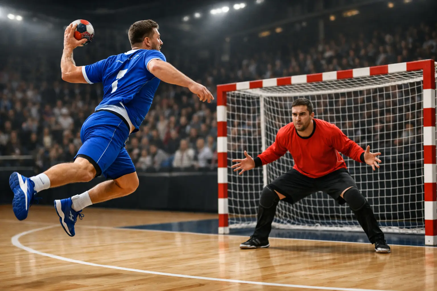 Match de handball professionnel avec joueurs en pleine action sur le terrain