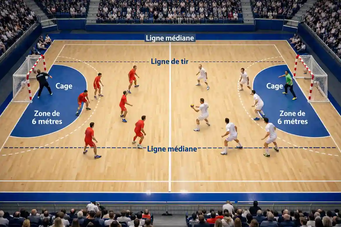 Vue plongeante sur un terrain de handball pendant un match avec les deux équipes en action