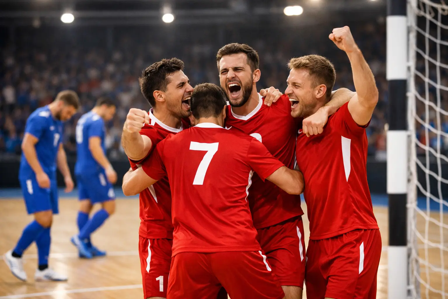 Joueurs de handball c&eacute;l&eacute;brant un retournement de situation