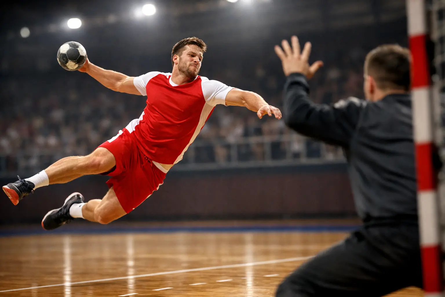 Joueur de handball effectuant un tir puissant vers le but
