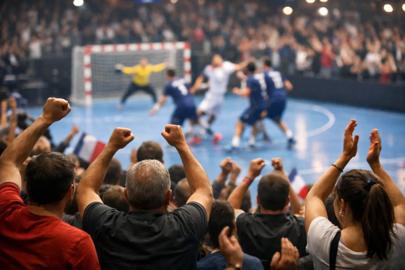 Ambiance de match de Starligue avec les supporters et les joueurs sur le terrain de handball