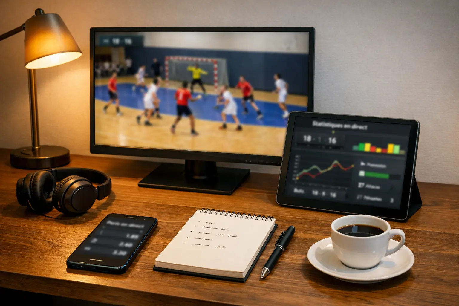 Configuration avec &eacute;cran de streaming handball et smartphone pour paris