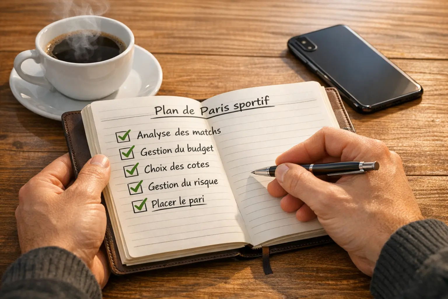 Personne concentrée prenant des notes sur les paris sportifs