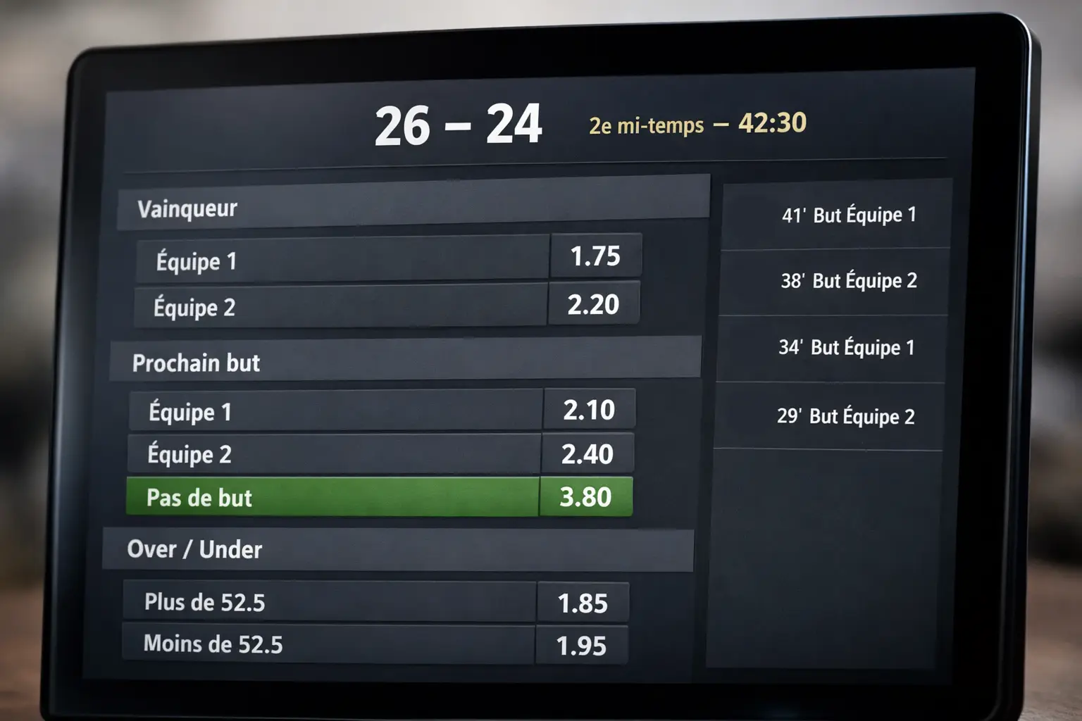 &Eacute;cran affichant les cotes en direct pour un match de handball